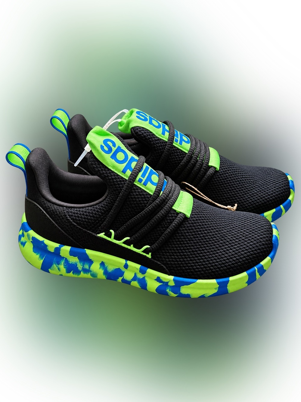 Adidas Kids Size 3 Black Neon Green & Blue Sneakers NWT
